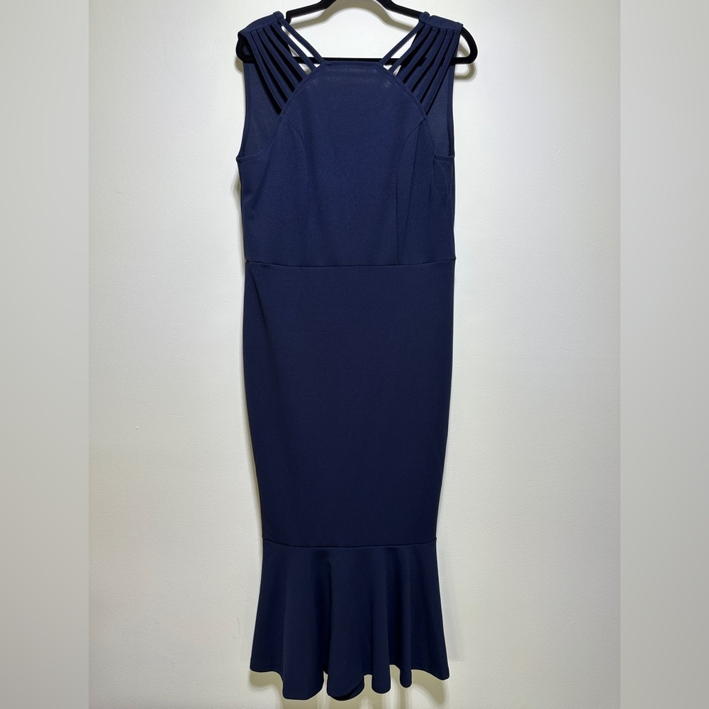Pretty Garden Navy Mermaid Hem Midi Dress Strappy Neck Cocktail Wedding Guest